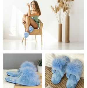Blue fur sheepskin slippers "Angel"